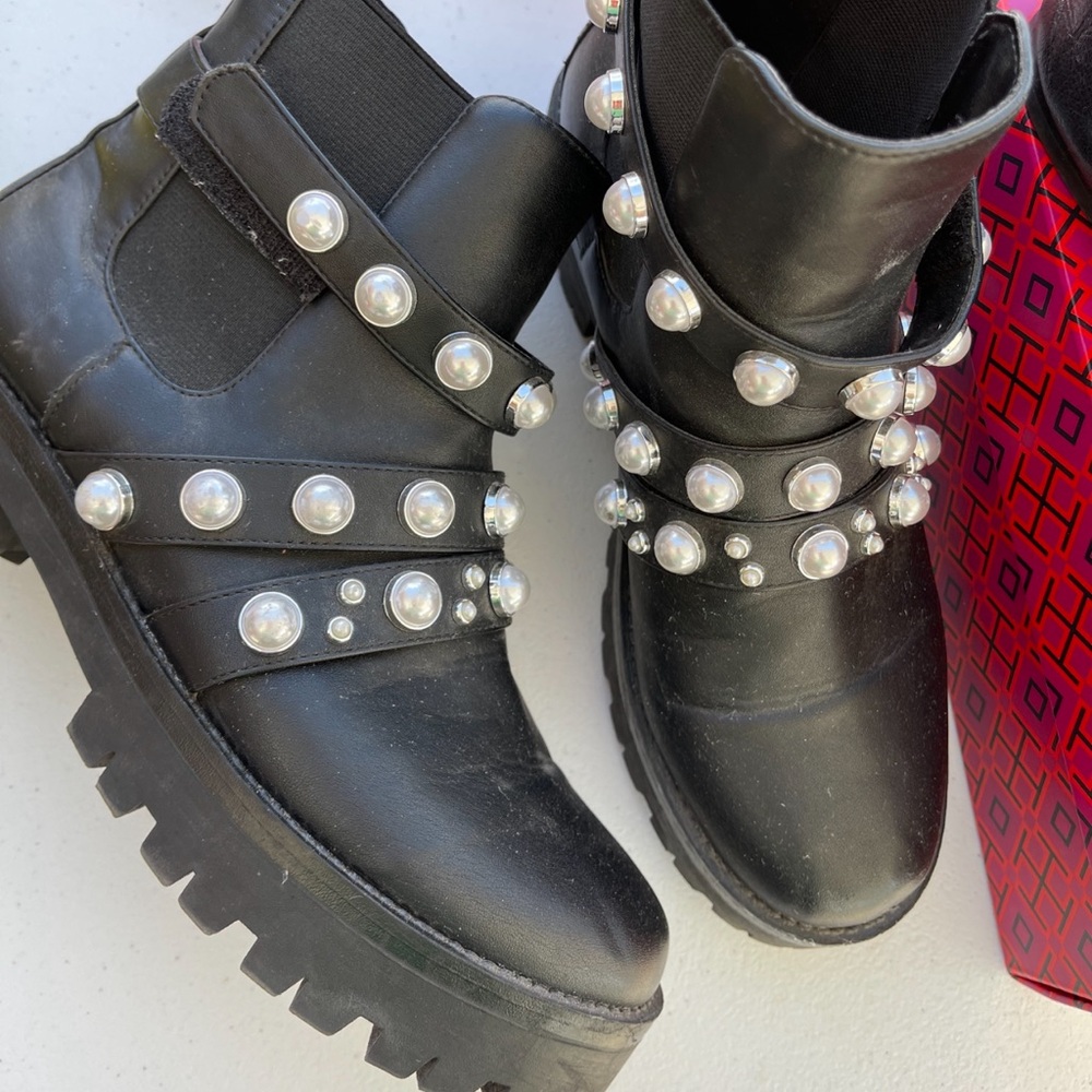 BP Black Pearl-Embellished Combat Boots